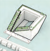 3D-Ansicht einer weißen geometrischen Struktur mit grünen Treppen oder Stegen.